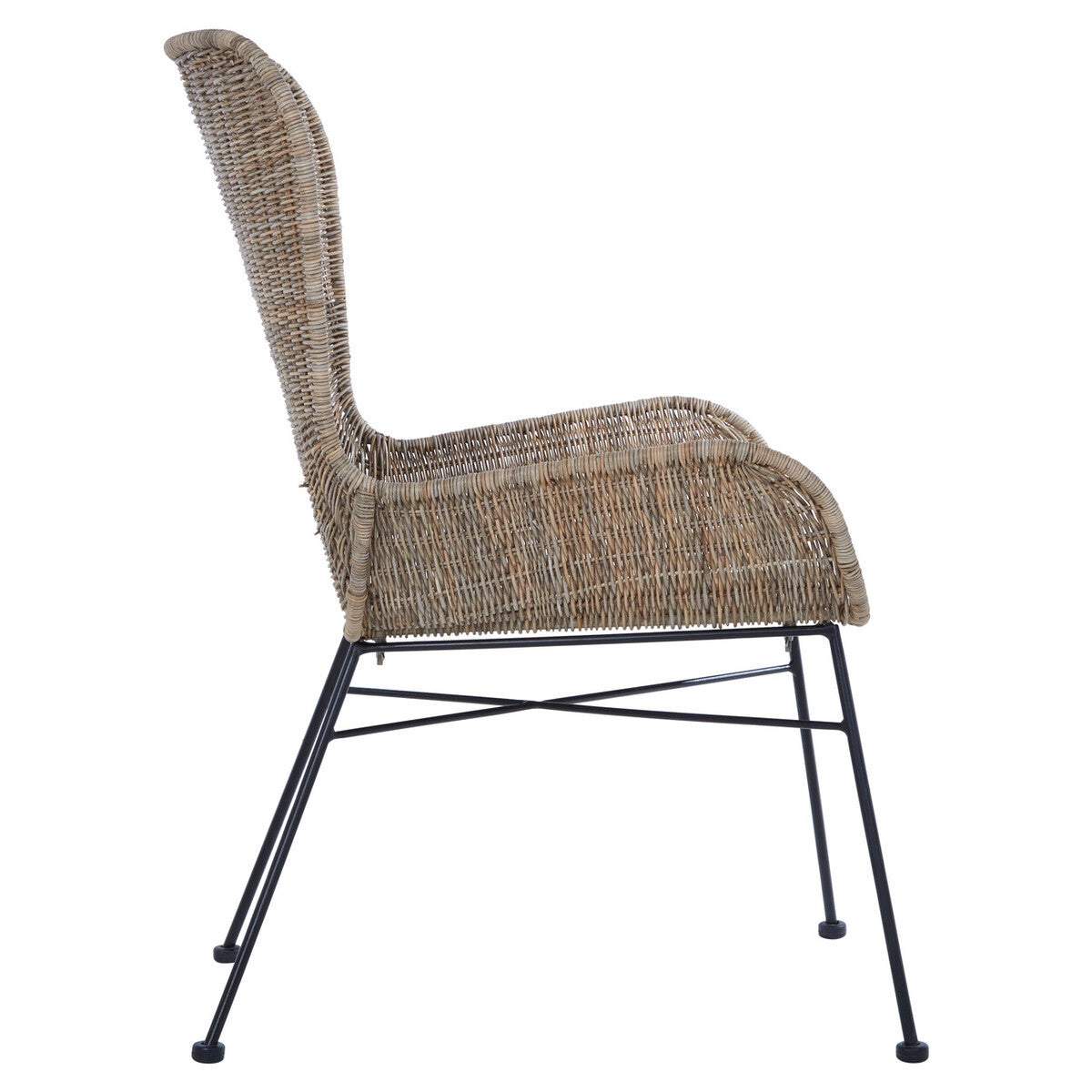 Curved design natural rattan chair with a light brown woven seat and backrest, supported by slender black metal legs. The chair features a smooth silhouette and a comfortable seating area, ideal for home decor