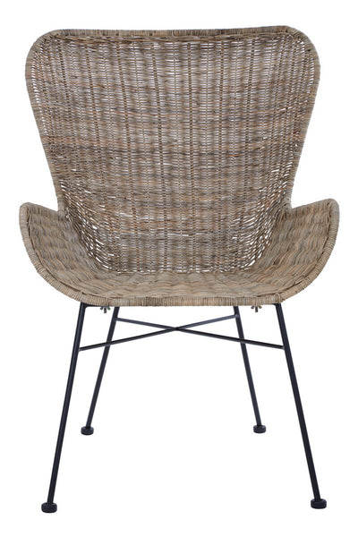Curved backrest and armrests of a natural rattan chair with a woven texture, supported by a black metal frame and legs, showcasing a modern and stylish design suitable for home decor