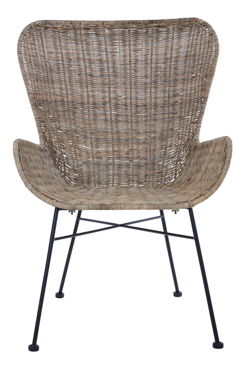 Curved backrest and armrests of a natural rattan chair with a woven texture, supported by a black metal frame and legs, showcasing a modern and stylish design suitable for home decor