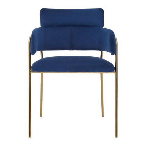 Blue velvet dining chair with gold metal frame, front view