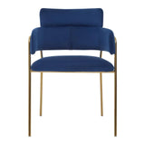 Blue velvet dining chair with gold metal frame, front view