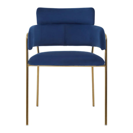 Blue velvet dining chair with gold metal frame, front view