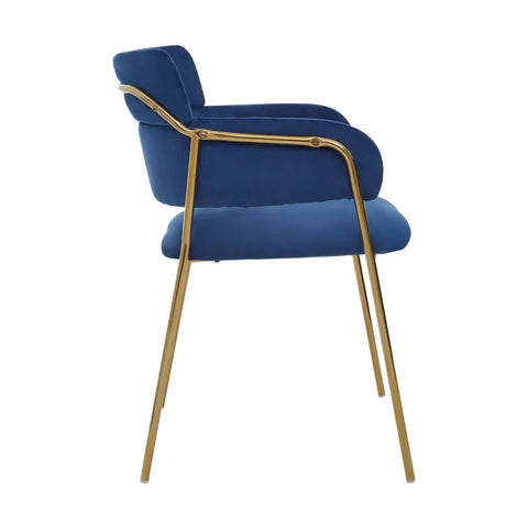 Blue velvet dining chair with gold metal legs side view