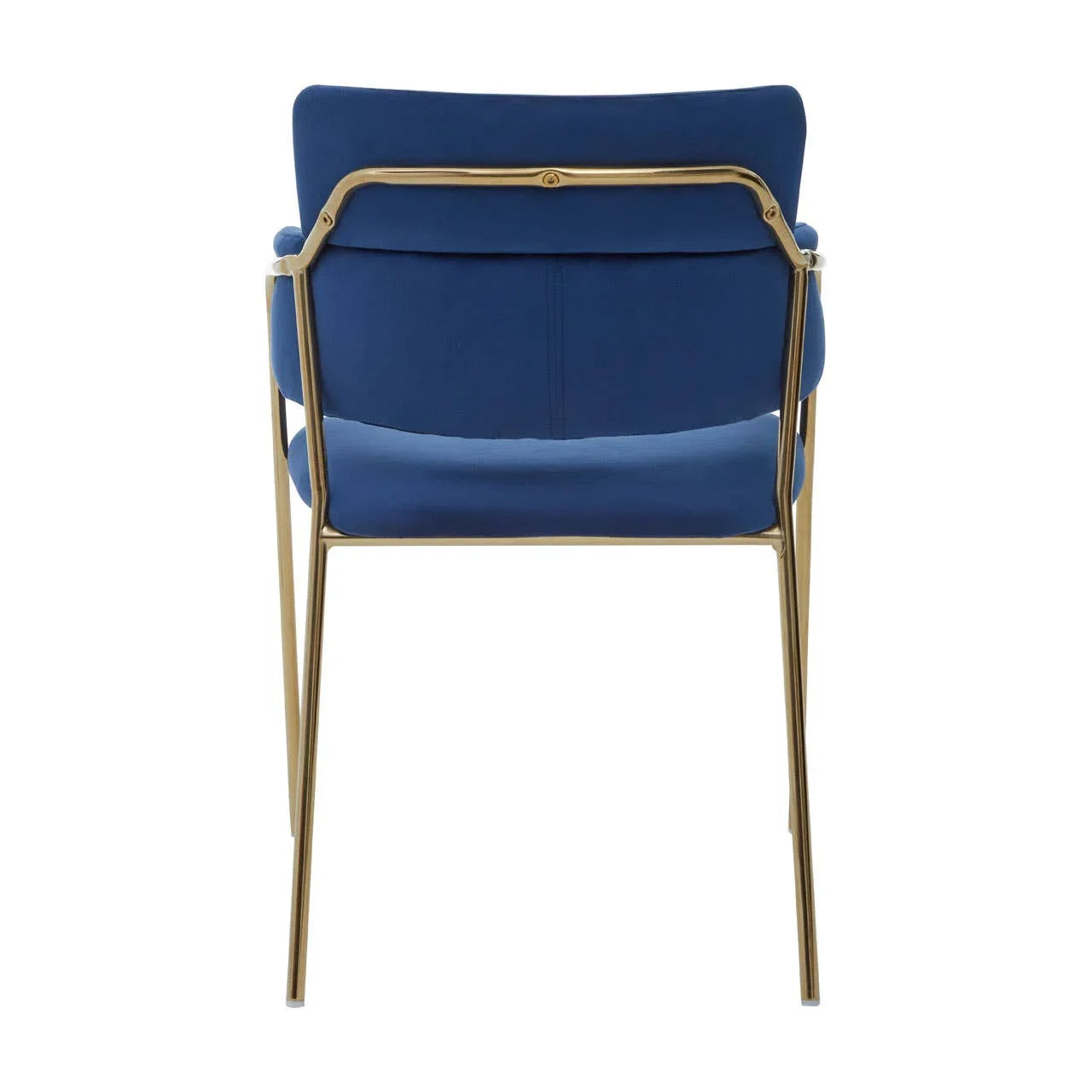 Blue upholstered dining chair with gold metal frame shown from the back