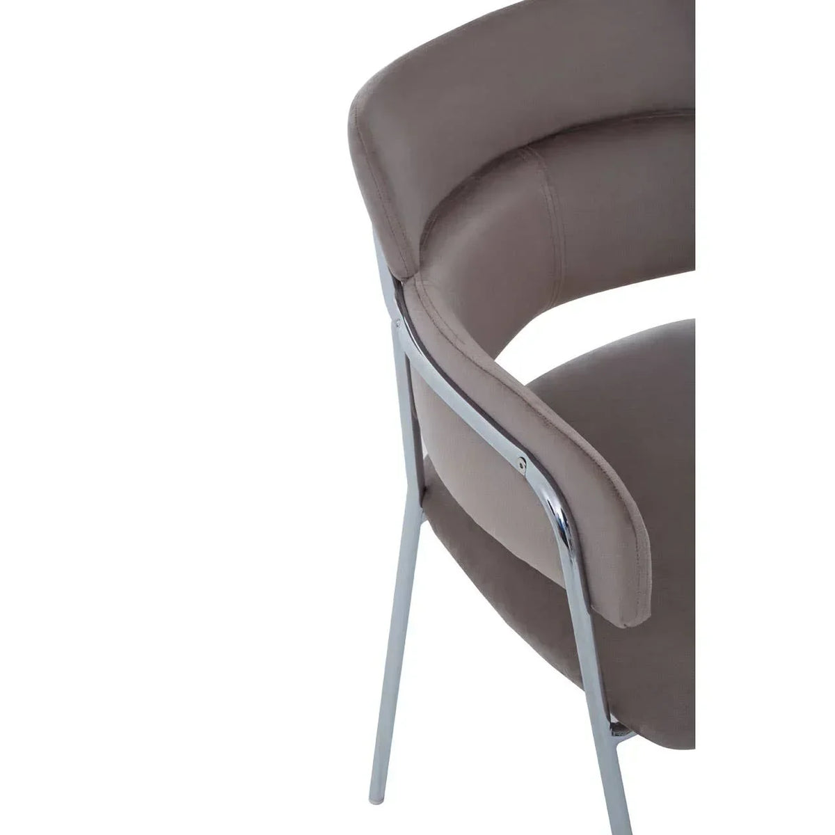 Brown dining chair with chrome frame and curved upholstered backrest, rear side view