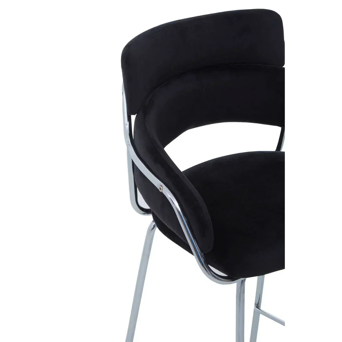 Black velvet bar stool with curved backrest and chrome legs, side view