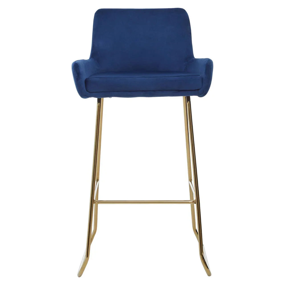 Blue velvet bar stool with gold metal legs and low backrest, front view