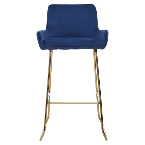 Blue velvet bar stool with gold metal legs and low backrest, front view
