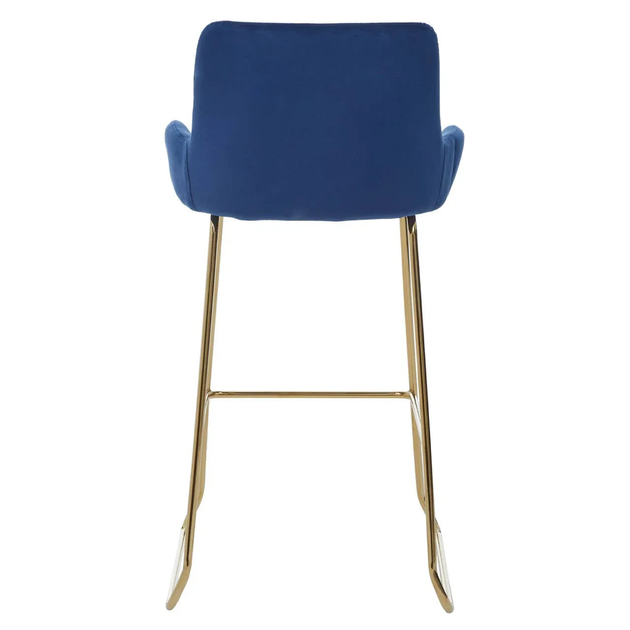 Blue velvet bar stool with gold metal legs, rear view of cushioned seat and backrest