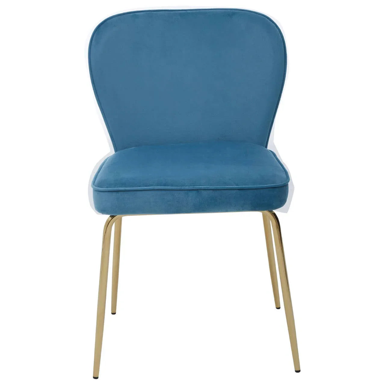 Blue velvet dining chair with gold metal legs front view