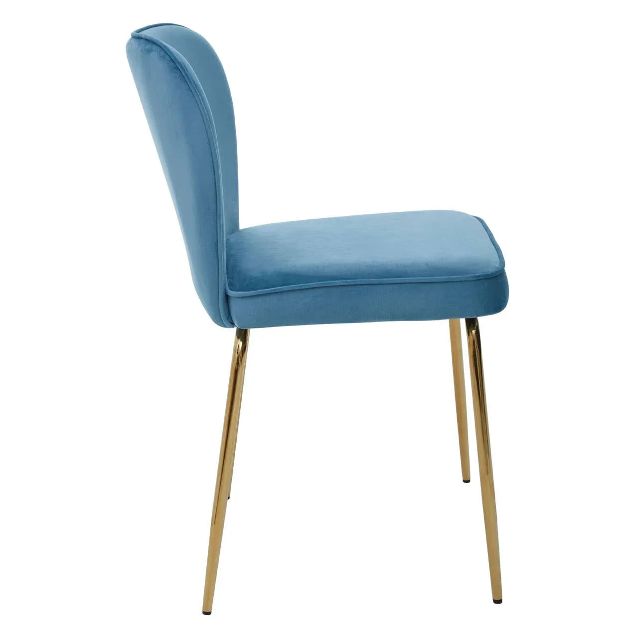 Blue velvet dining chair with gold metal legs side view
