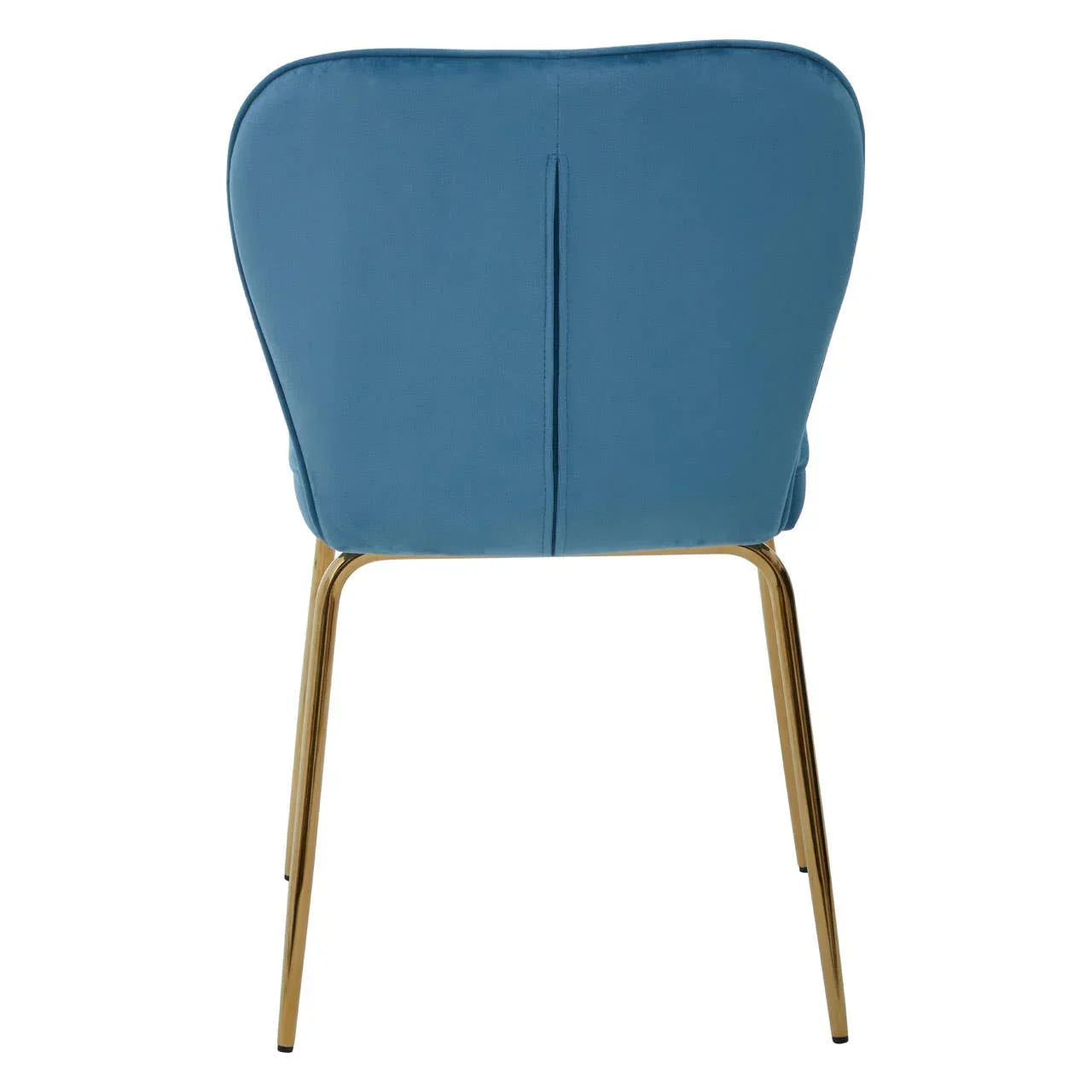 Blue velvet dining chair with gold metal legs shown from the back