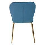 Blue velvet dining chair with gold metal legs shown from the back