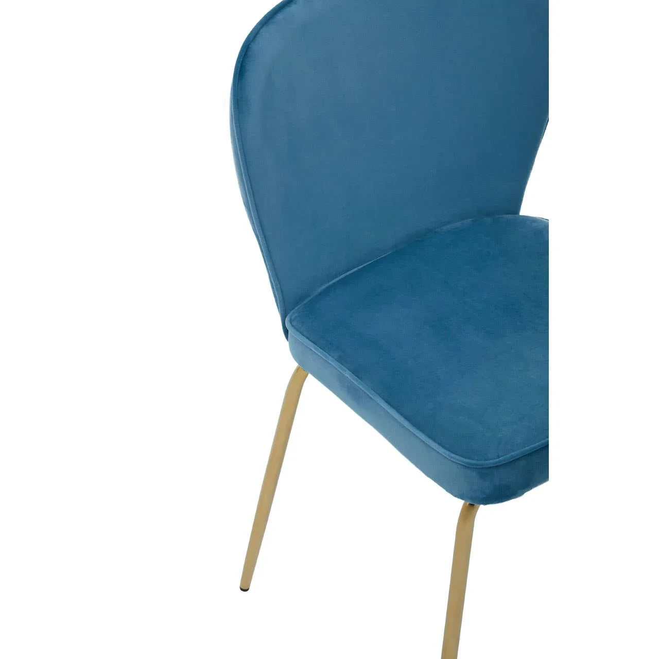 Blue velvet dining chair with gold metal legs, close-up of seat and backrest