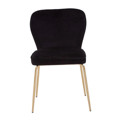 Black velvet dining chair with gold metal legs, front view