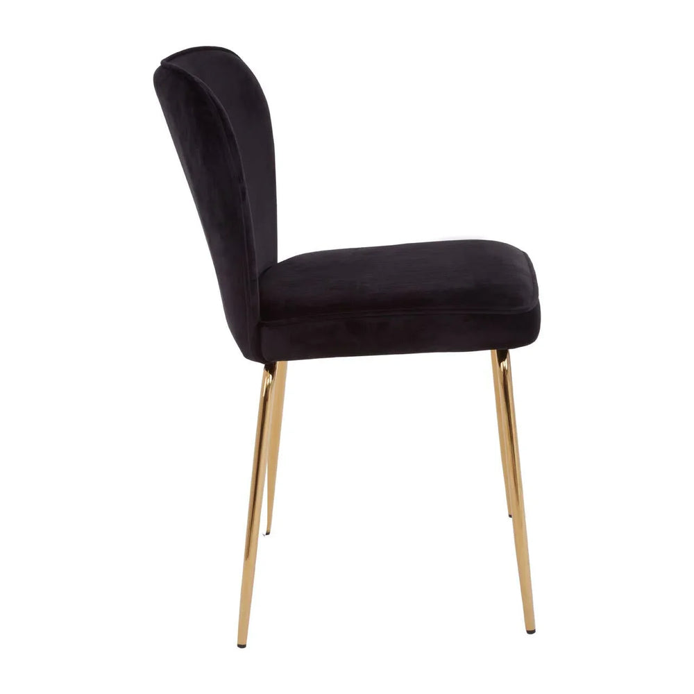 Black velvet dining chair with gold metal legs shown in side profile