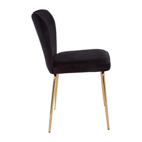 Black velvet dining chair with gold metal legs shown in side profile