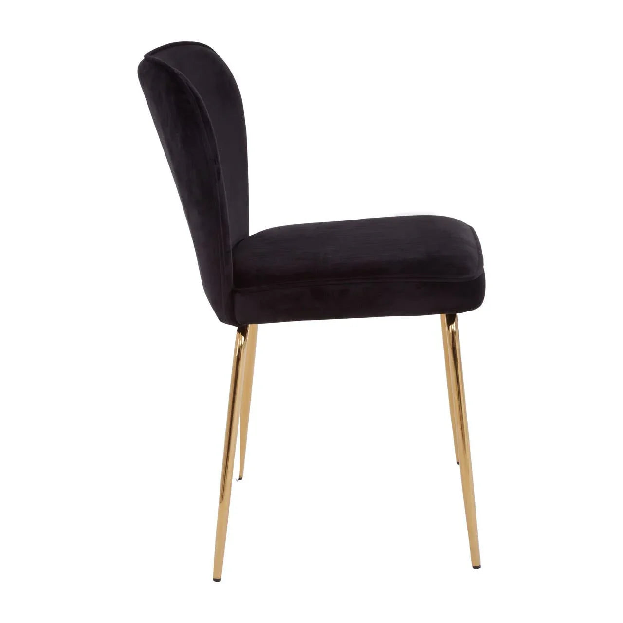Black velvet dining chair with gold metal legs shown in side profile