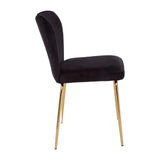 Black velvet dining chair with gold metal legs shown in side profile