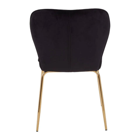 Back view of black velvet dining chair with gold metal legs