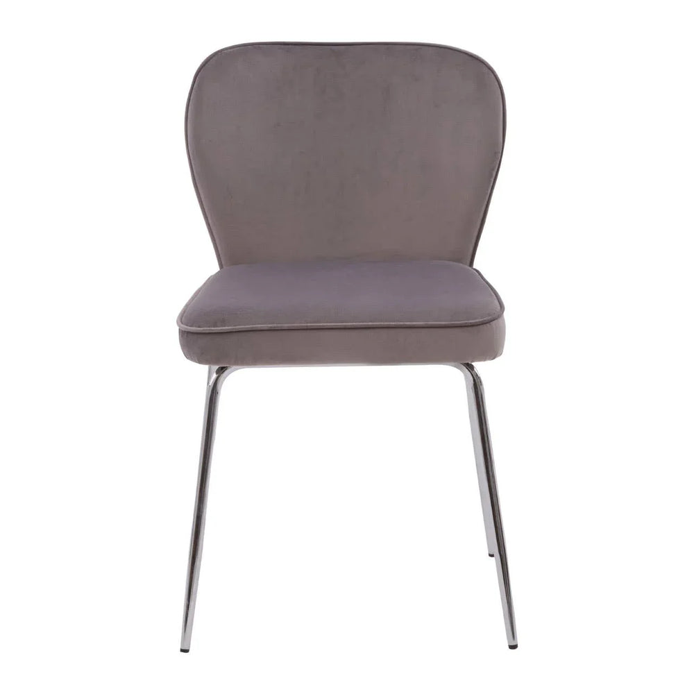 Grey velvet dining chair with chrome metal legs, front view on white background