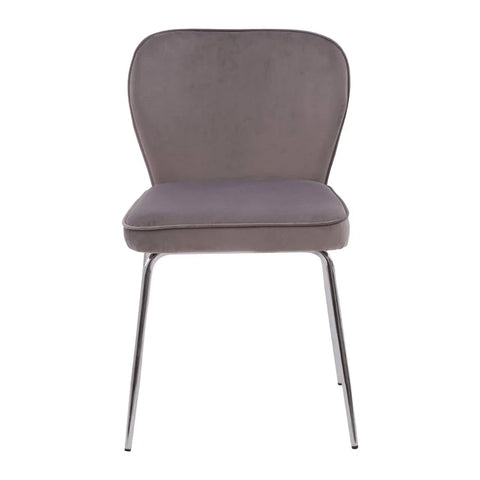 Grey velvet dining chair with chrome metal legs, front view on white background