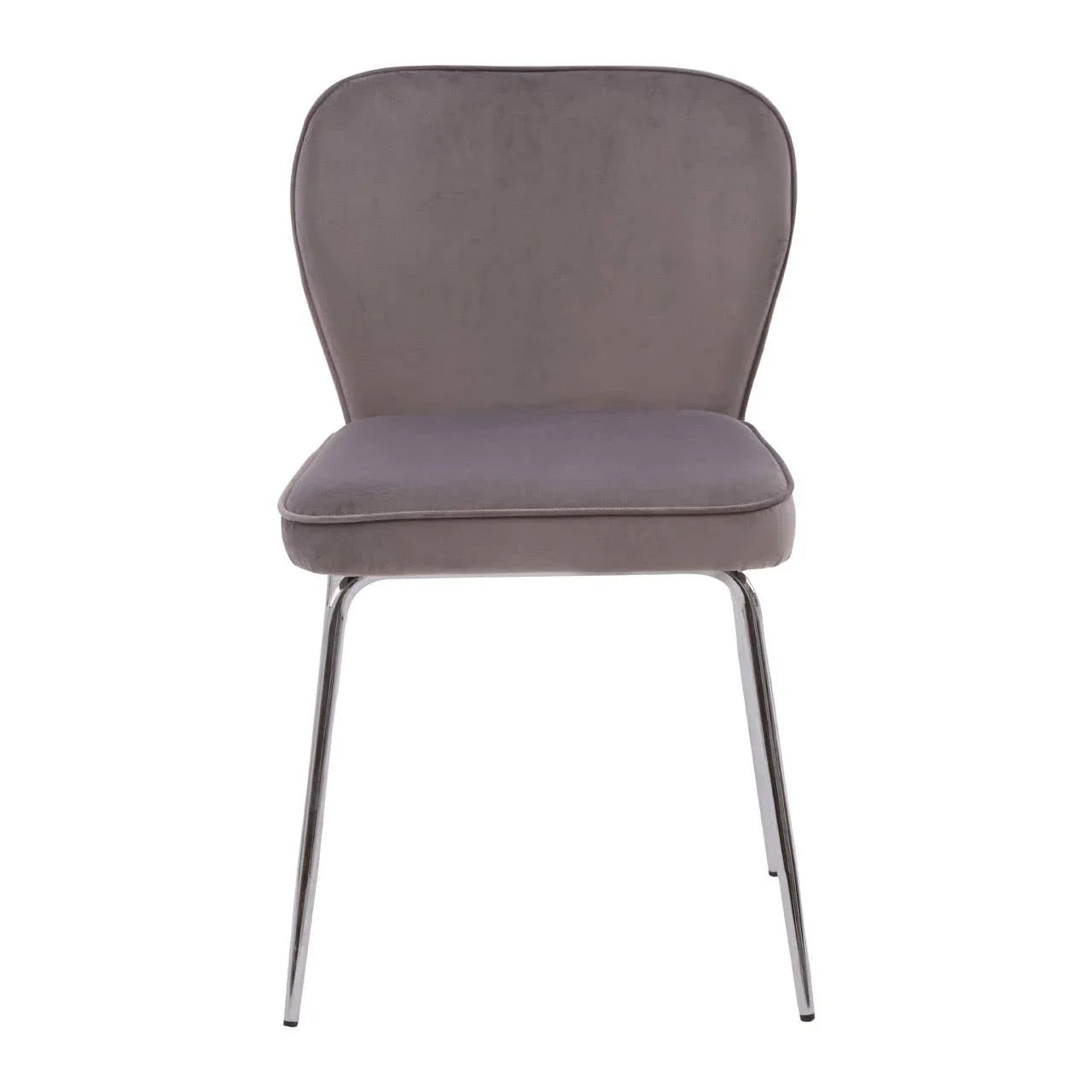 Grey velvet dining chair with chrome metal legs, front view on white background