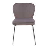 Grey velvet dining chair with chrome metal legs, front view on white background