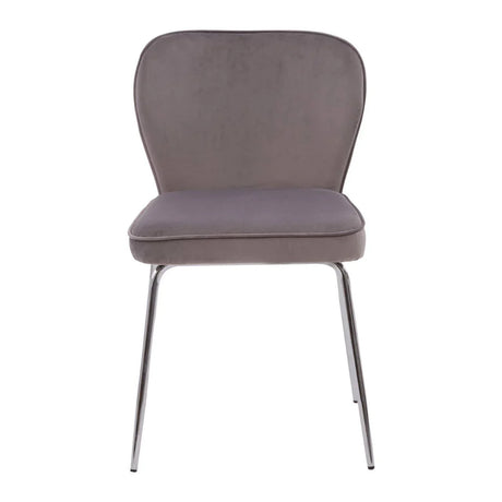 Grey velvet dining chair with chrome metal legs, front view on white background