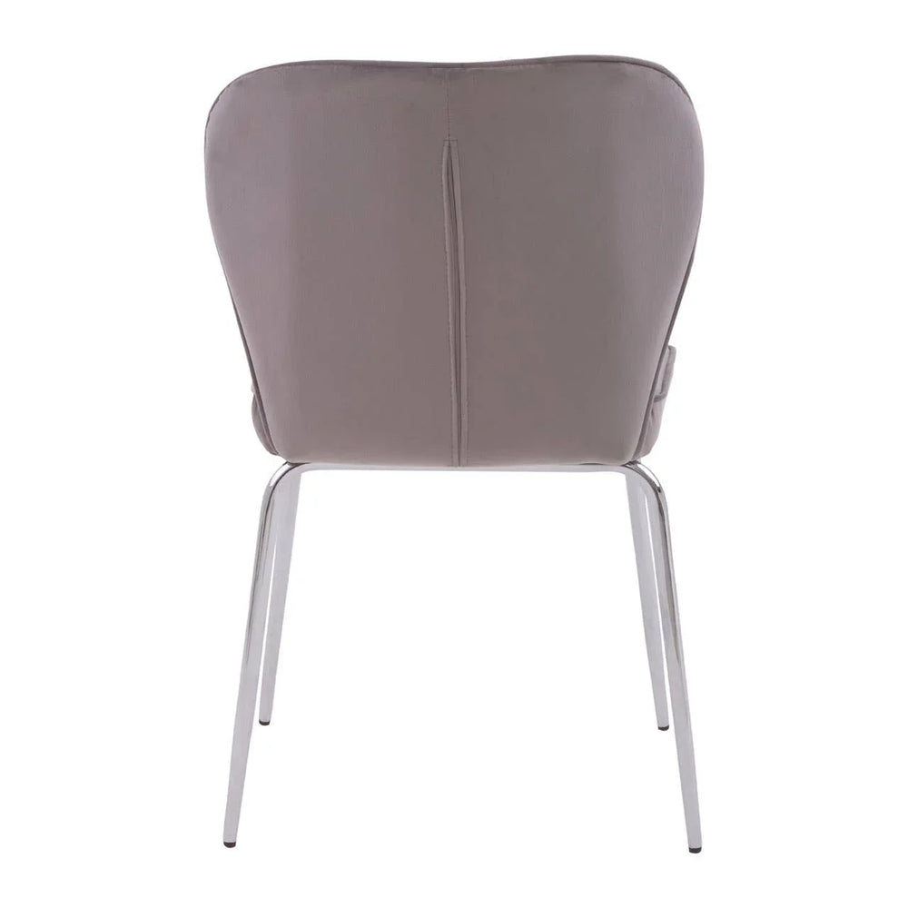Grey upholstered dining chair rear view with chrome legs