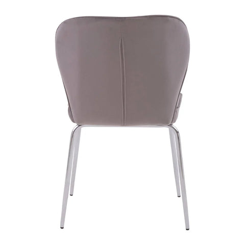 Grey upholstered dining chair rear view with chrome legs
