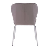 Grey upholstered dining chair rear view with chrome legs