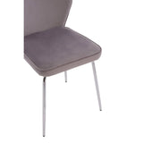 Grey velvet dining chair with chrome metal legs, side angle view of seat and back