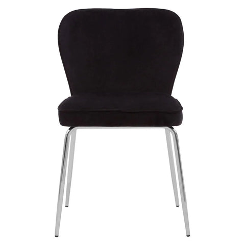 Black velvet dining chair with chrome metal legs front view