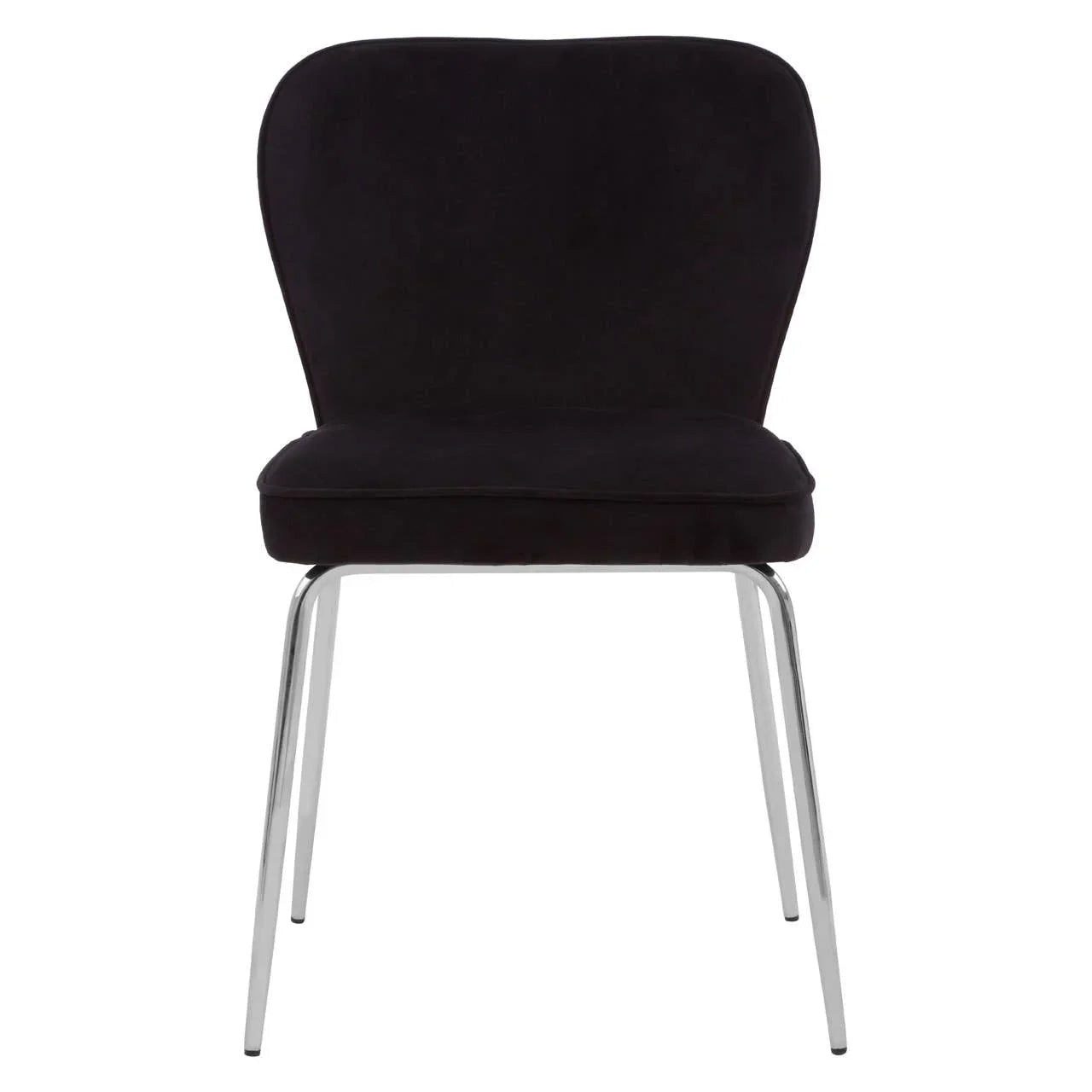 Black velvet dining chair with chrome metal legs front view