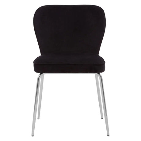 Black velvet dining chair with chrome metal legs front view