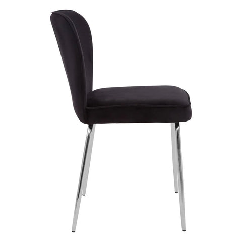 Black velvet dining chair with chrome legs side view