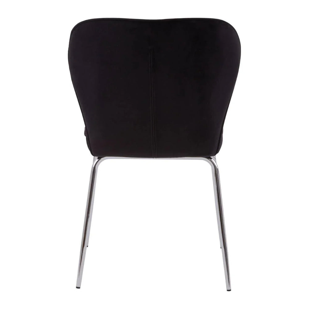 Black dining chair with chrome legs shown from rear view