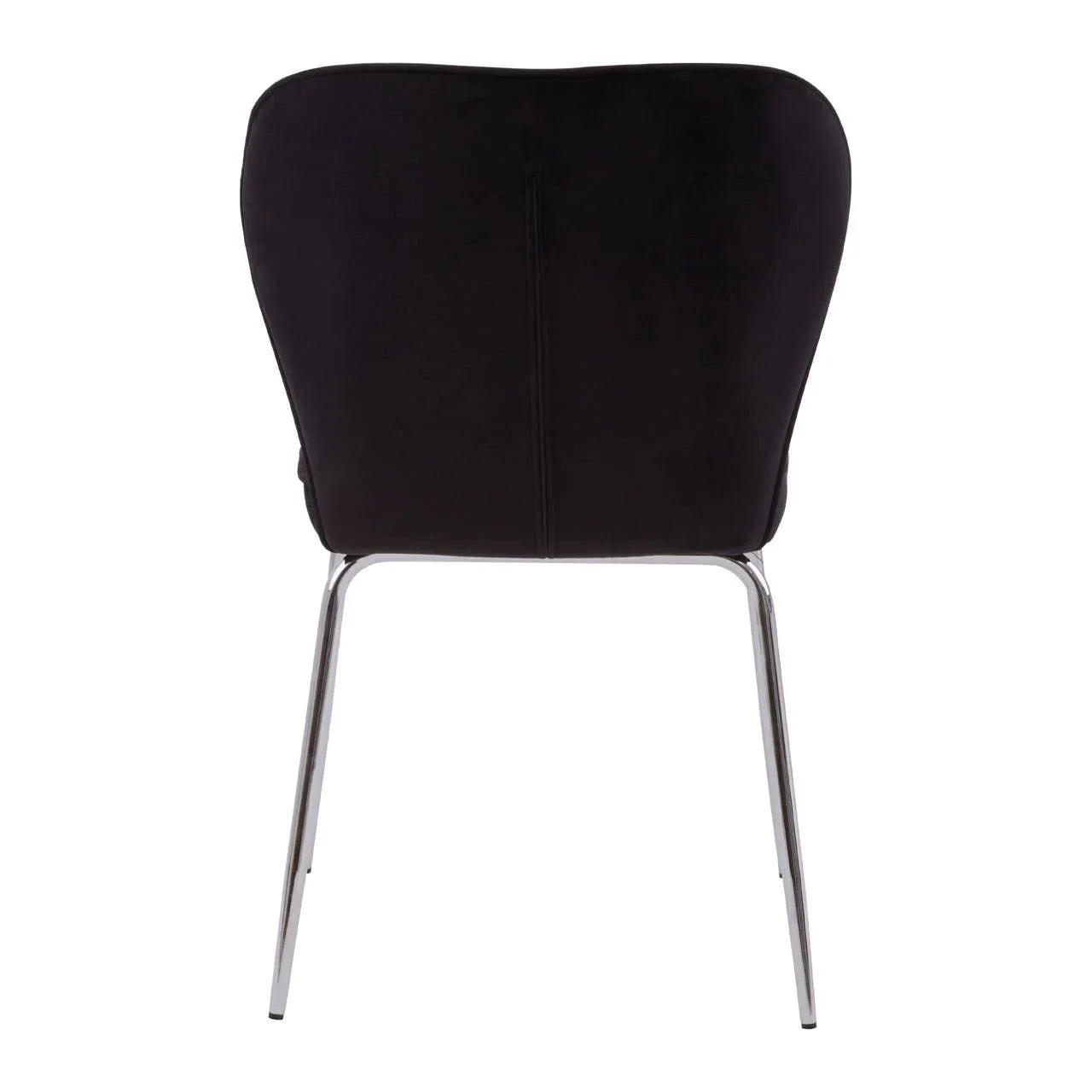 Black dining chair with chrome legs shown from rear view
