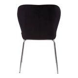 Black dining chair with chrome legs shown from rear view