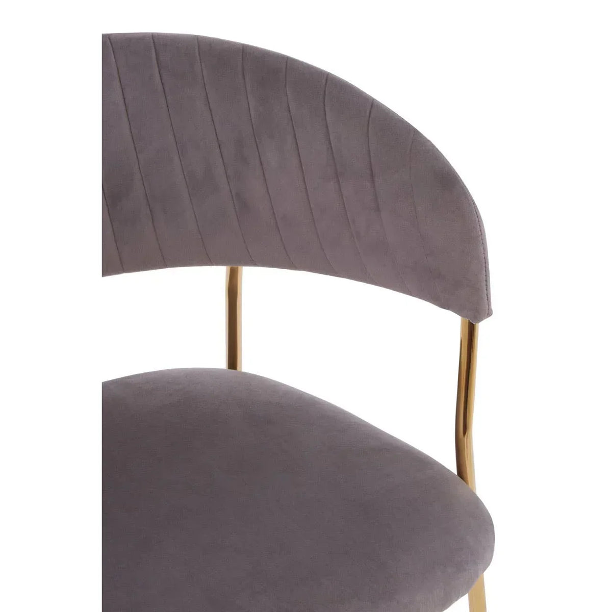 Grey velvet dining chair with curved backrest and gold metal legs closeup