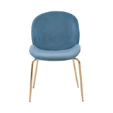 Blue velvet dining chair with curved back and gold metal legs, front view