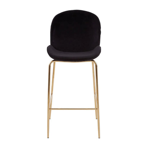 Black velvet bar stool with gold metal legs, front view