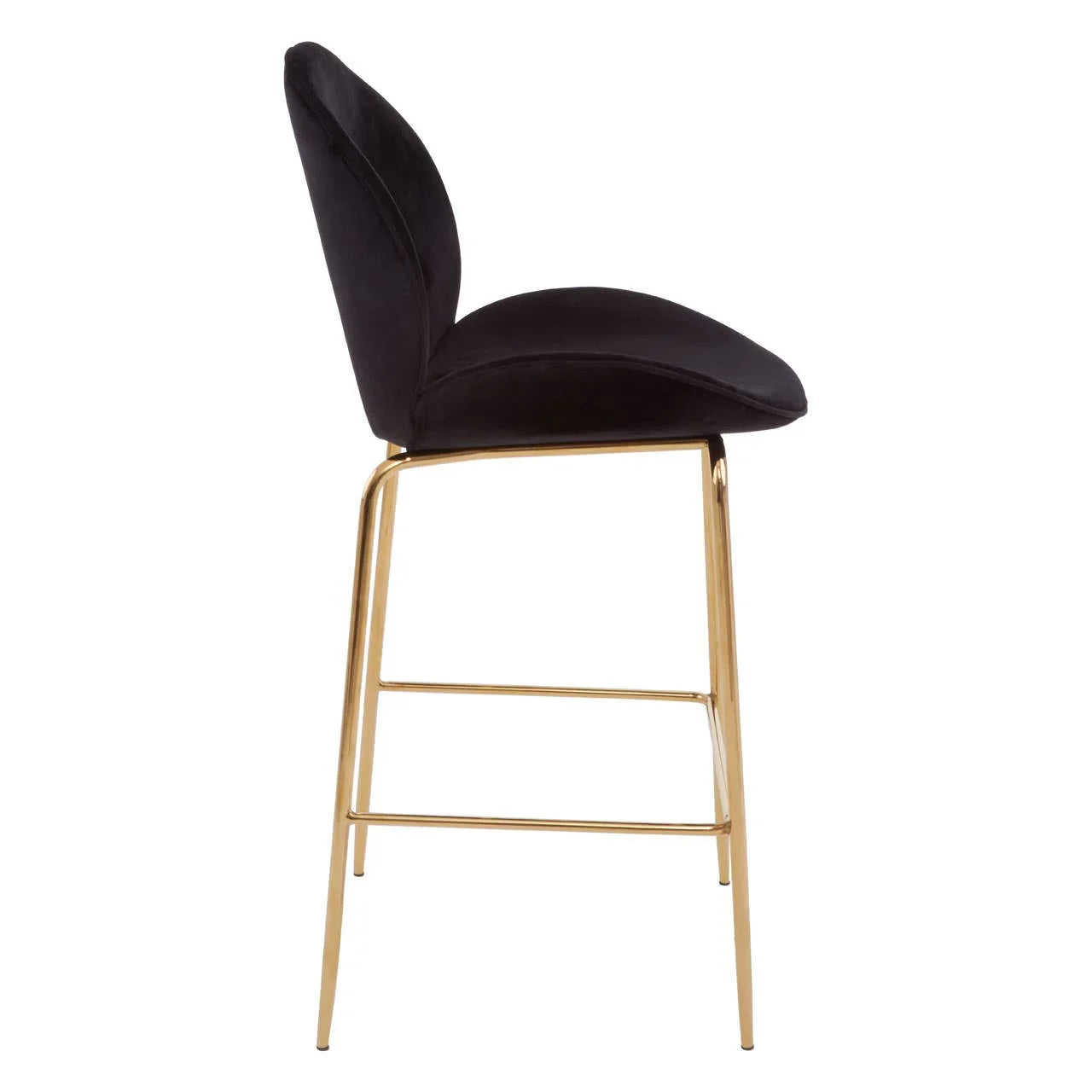 Black velvet bar stool with gold metal legs, side profile view