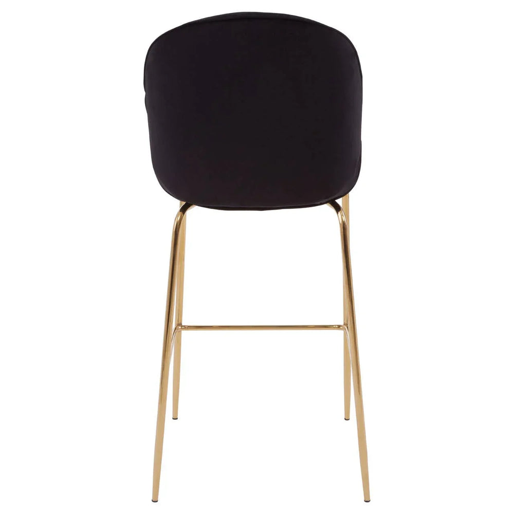 Black velvet bar stool with gold metal legs, shown from the back