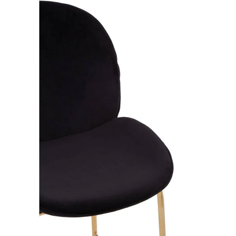Close-up of black velvet dining chair with gold metal legs