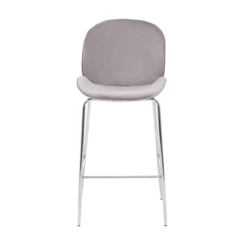 Grey bar stool with chrome legs and padded seat, front view against white background