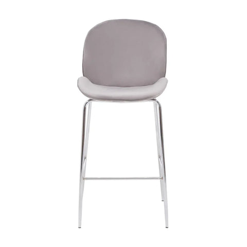 Grey bar stool with chrome legs and padded seat, front view against white background