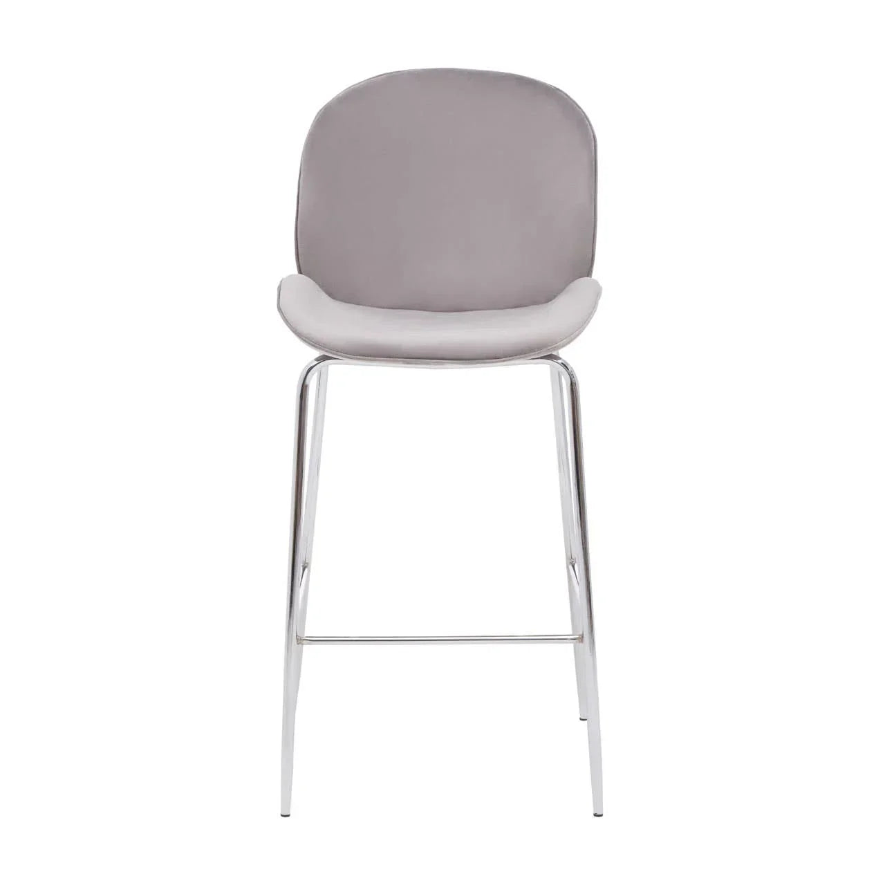 Grey bar stool with chrome legs and padded seat, front view against white background