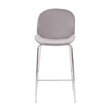 Grey bar stool with chrome legs and padded seat, front view against white background